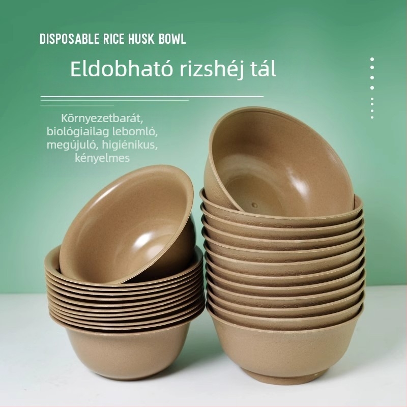 Egyszer használatos rizshéj alapú tál, környezetbarát, vastagított dizájn, hőálló, kör alakú, otthoni és kereskedelmi használatra.
