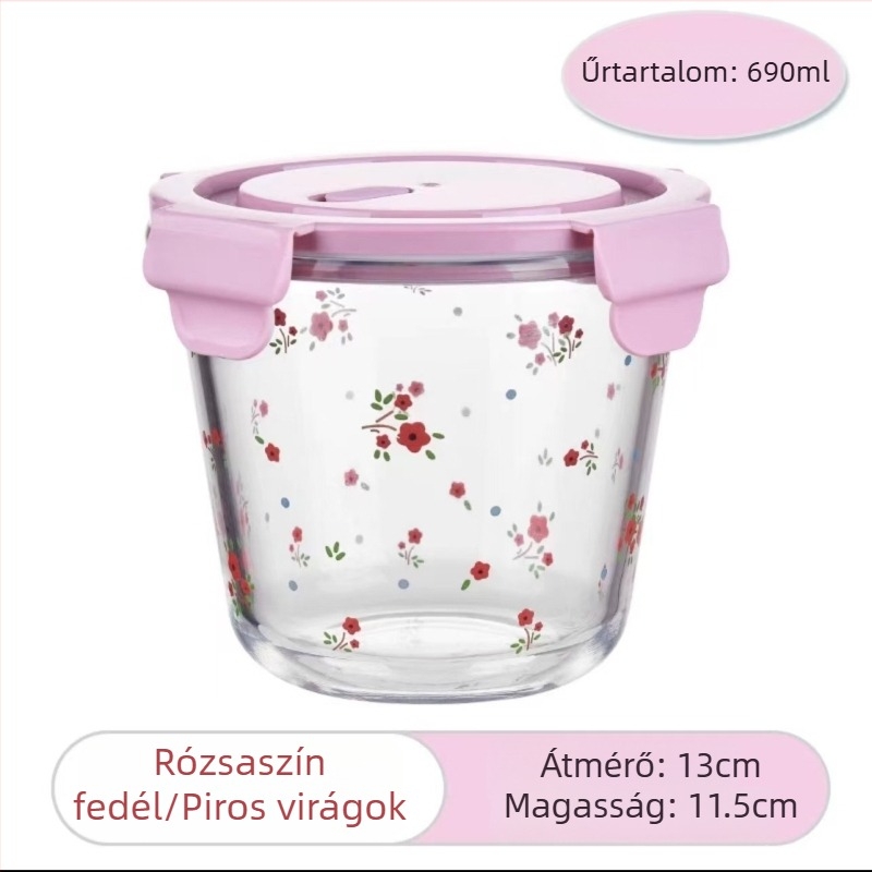 Boroszilikát üvegből készült ebédes doboz fedővel - zárható, frissen tartja az ételt, mikrohullámú sütő és hűtő kompatibilis, kerek formájú, virág mintázat, 501-800 ml, irodának, diákoknak és otthonra