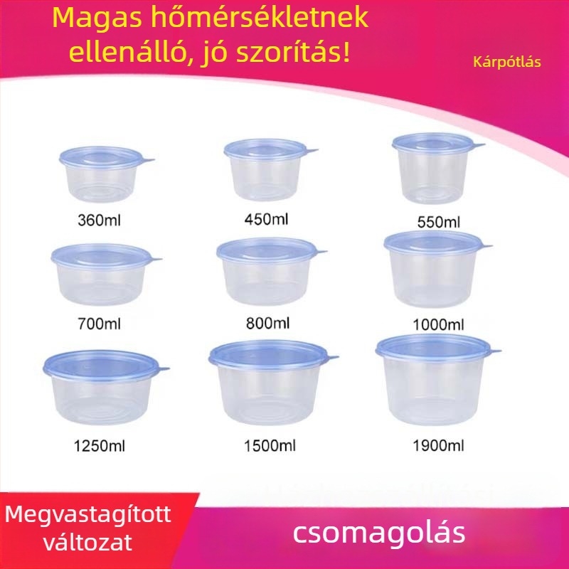 Egyszer használatos, kerek, átlátszó, megerősített ebéddoboz fedővel és műanyag tálkával