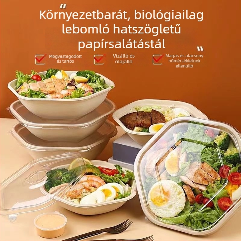 Egyszer használatos hexagonális ebédes doboz — műanyag, mikrohullámú sütő nem használható, logónyomtatás lehetséges, nem lebomló