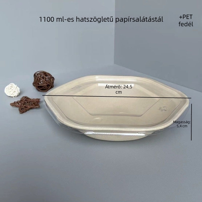 Egyszer használatos hexagonális ebédes doboz — műanyag, mikrohullámú sütő nem használható, logónyomtatás lehetséges, nem lebomló