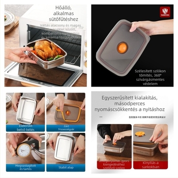 Nemagnetikus 304 rozsdamentes acél étkezési doboz, frissesség megőrzésére, téglalap alakú, mikróhullámú sütőben használható, modern minimalist design, kapacitás 1–2 L