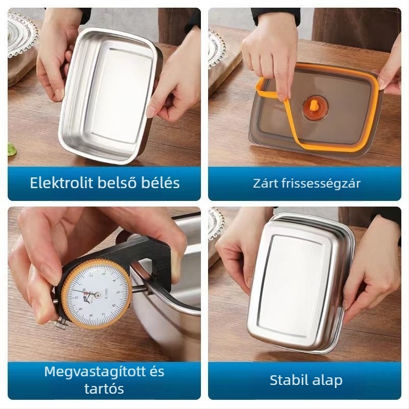 Nemagnetikus 304 rozsdamentes acél étkezési doboz, frissesség megőrzésére, téglalap alakú, mikróhullámú sütőben használható, modern minimalist design, kapacitás 1–2 L