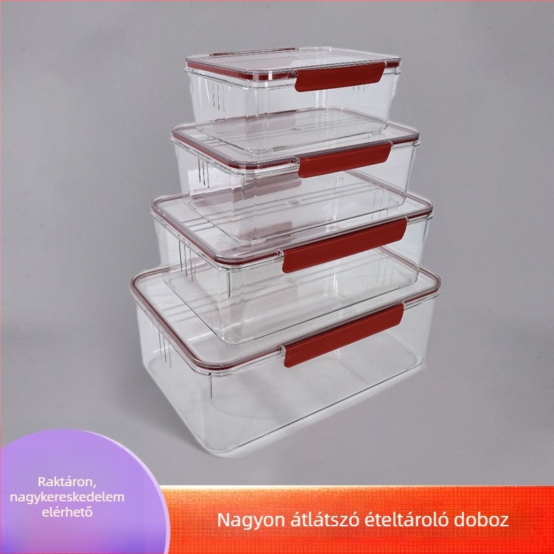 Átlátszó PET étkezési minőségű zárható doboz, téglalap alakú, gabonák és zöldségek tárolására, hűtőben és kültéri piknikhez, egy rétegű