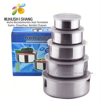 Öt darabos rozsdamentes acél ételtároló készlet, kör alakú, hőmegőrzés, 1–2 L kapacitás, egyrétegű