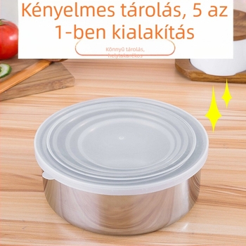 Öt darabos rozsdamentes acél ételtároló készlet, kör alakú, hőmegőrzés, 1–2 L kapacitás, egyrétegű