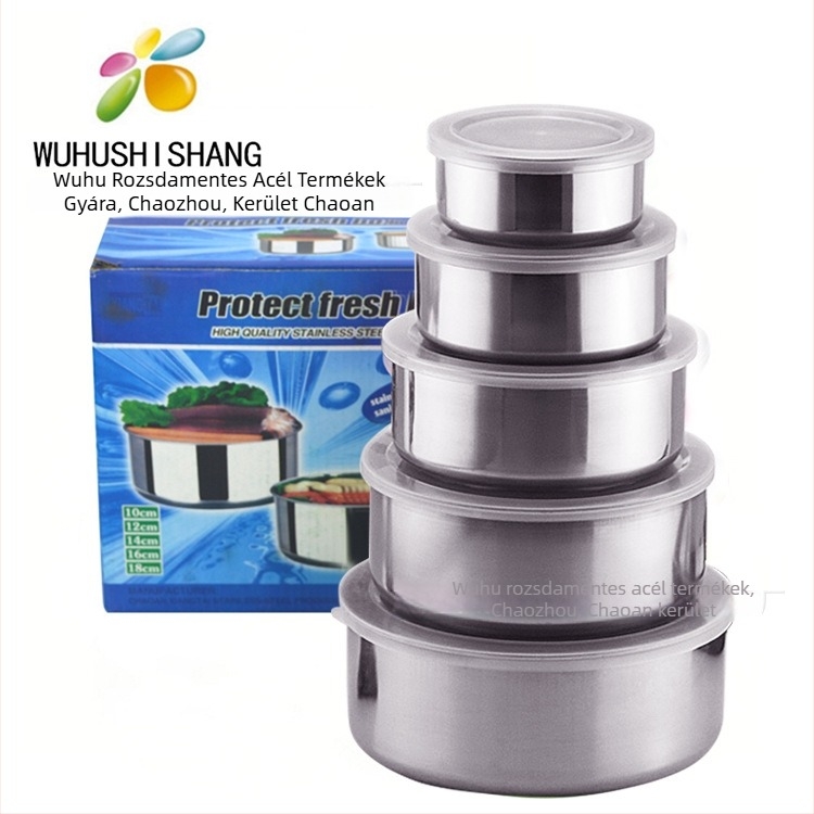 Öt darabos rozsdamentes acél ételtároló készlet, kör alakú, hőmegőrzés, 1–2 L kapacitás, egyrétegű