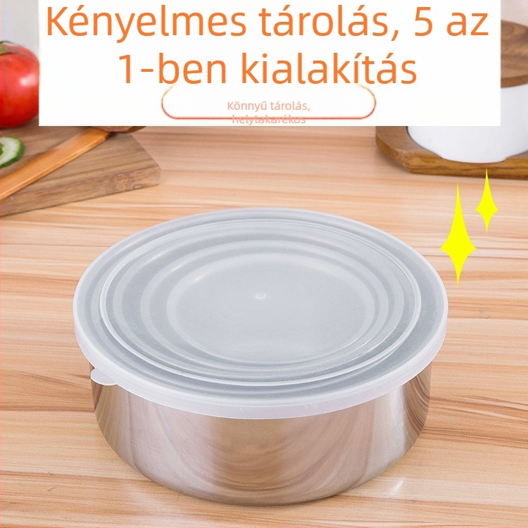 Öt darabos rozsdamentes acél ételtároló készlet, kör alakú, hőmegőrzés, 1–2 L kapacitás, egyrétegű