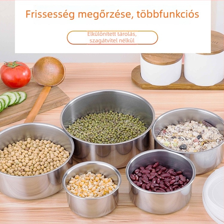 Öt darabos rozsdamentes acél ételtároló készlet, kör alakú, hőmegőrzés, 1–2 L kapacitás, egyrétegű