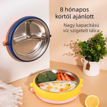 Gyerekeknek szóló kerek rozsdamentes acél ebédes doboz 316, ütésálló és égésálló, vízbefecskendezéses szigeteléssel, 3 rekeszes készlet, szívókorongos rögzítéssel