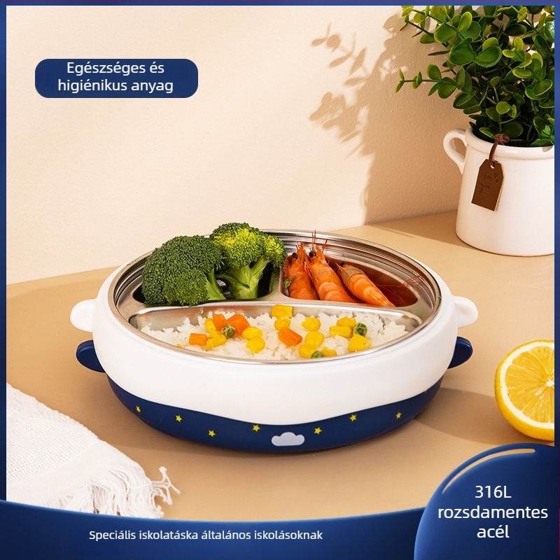 Gyerekeknek szóló kerek rozsdamentes acél ebédes doboz 316, ütésálló és égésálló, vízbefecskendezéses szigeteléssel, 3 rekeszes készlet, szívókorongos rögzítéssel
