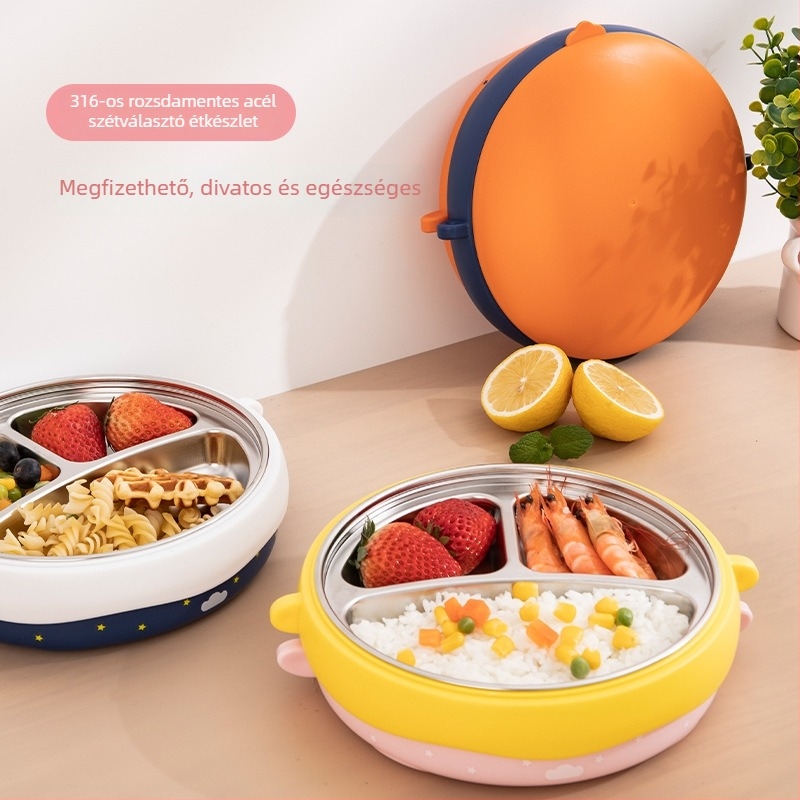 Gyerekeknek szóló kerek rozsdamentes acél ebédes doboz 316, ütésálló és égésálló, vízbefecskendezéses szigeteléssel, 3 rekeszes készlet, szívókorongos rögzítéssel