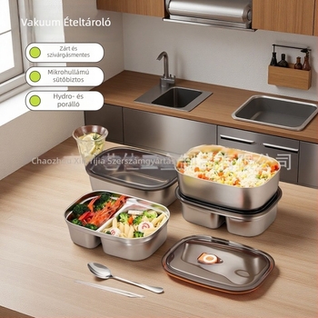 Rozsdamentes acél ebédes doboz egy- vagy kétszakaszos, zárható fedéllel, hordozható Bento doboz, kapacitás 1–2 liter