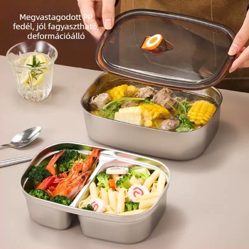 Rozsdamentes acél ebédes doboz egy- vagy kétszakaszos, zárható fedéllel, hordozható Bento doboz, kapacitás 1–2 liter