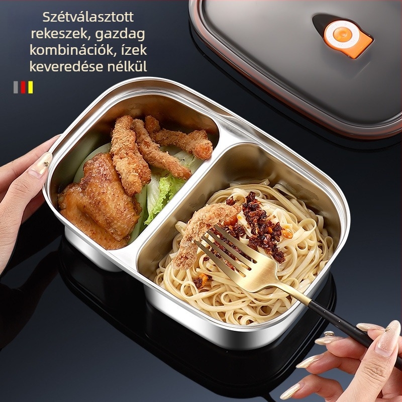 Rozsdamentes acél ebédes doboz egy- vagy kétszakaszos, zárható fedéllel, hordozható Bento doboz, kapacitás 1–2 liter