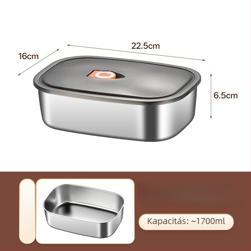 Rozsdamentes acél ebédes doboz egy- vagy kétszakaszos, zárható fedéllel, hordozható Bento doboz, kapacitás 1–2 liter