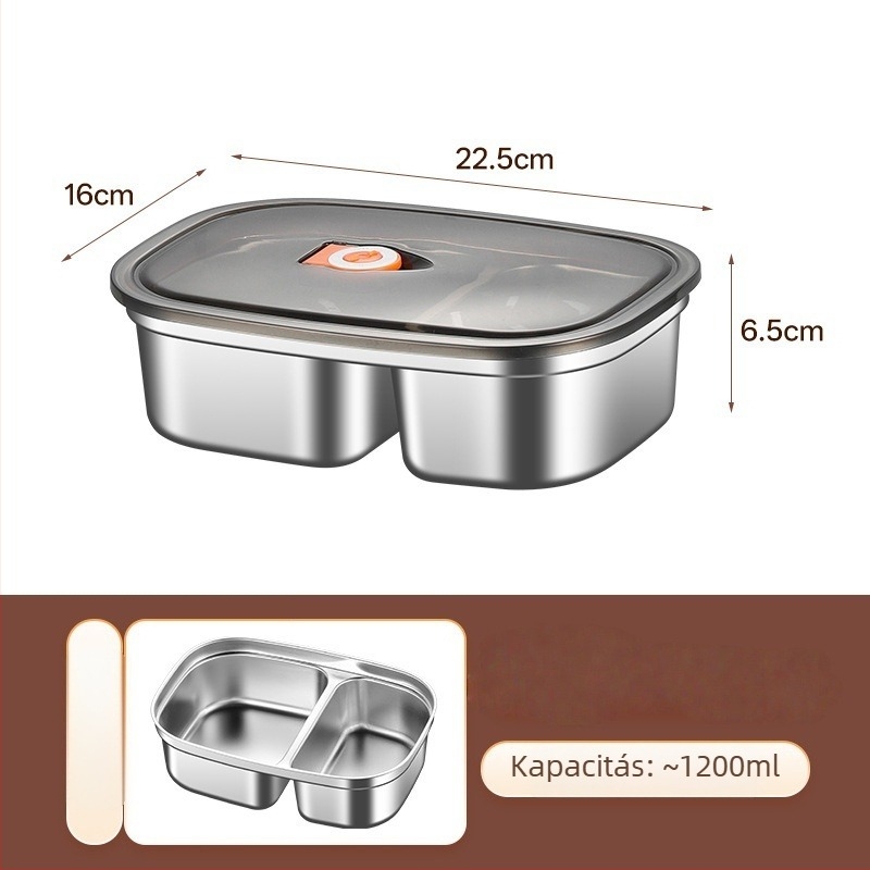 Rozsdamentes acél ebédes doboz egy- vagy kétszakaszos, zárható fedéllel, hordozható Bento doboz, kapacitás 1–2 liter
