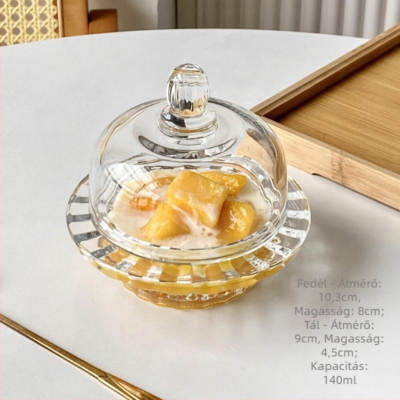 Üvegből készült desszert tál fedővel, kör alakú, modern minimalista stílus