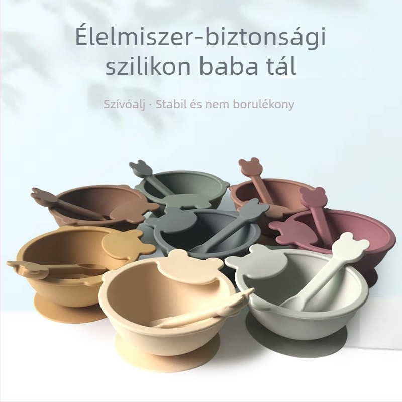 Taihexin babaszsilikon szívó tál szett, karikatúra dizájnnal, kanál a készletben, 6 hónaptól ajánlott