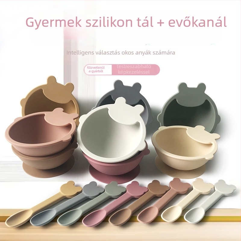 Taihexin babaszsilikon szívó tál szett, karikatúra dizájnnal, kanál a készletben, 6 hónaptól ajánlott