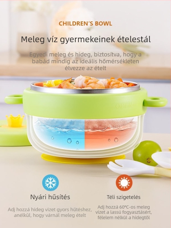 Kettős fogantyúval ellátott baba etetőtál, vízzel töltött szigetelés, állandó hőmérséklet, 316-os rozsdamentes acélból, 3 hónaposnál idősebb babáknak