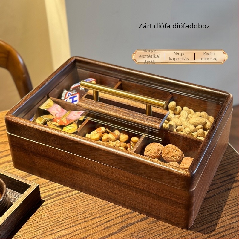 Fekete diófából készült, fedéllel ellátott diótároló doboz, hat rekesz, háztartási használatra