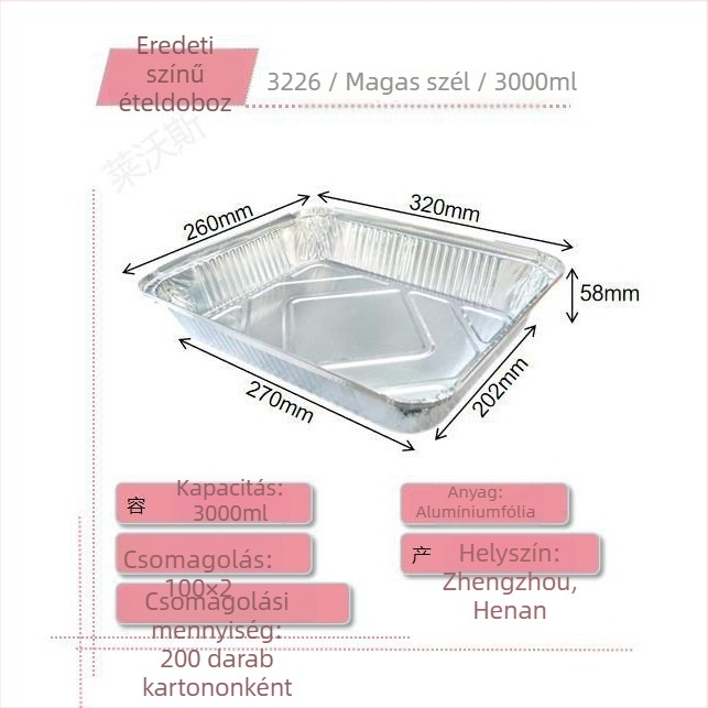 Egyszer használatos alumíniumfóliás tál, téglalap alakú, 3000 ml kapacitás, logó nyomtatva, modern minimalist stílus