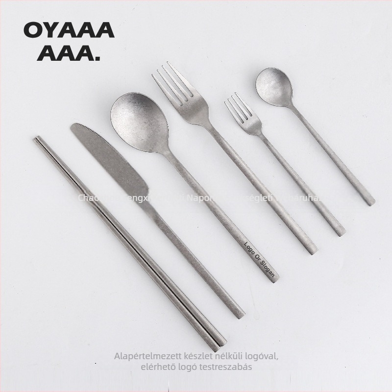 304 rozsdamentes acélból készült nyugati stílusú étkészlet: steak kés, villa, kanál és desszertkanál; retro stílusú, kézzel készített, logó nyomtatás