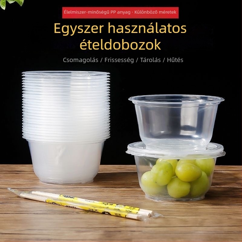 Egyszer használatos kerek műanyag ételhordó tál fedővel – Kód: 001, Márka: Other, Anyag: Műanyag, Mikrohullámú sütő: Nem