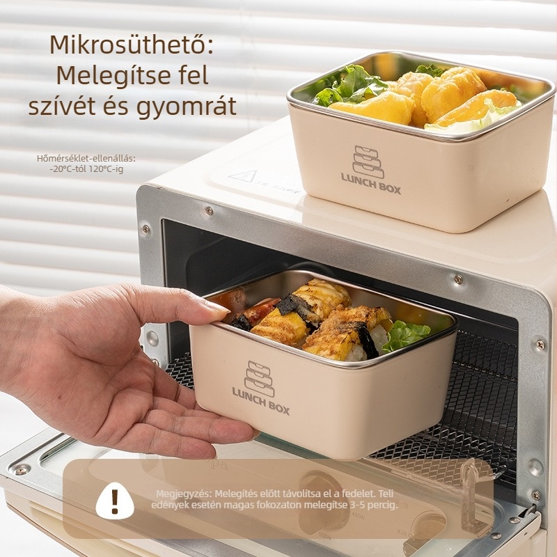 Japán-stílusú rozsdamentes acél ebédbox fedővel, négyzet alakú, mikrohullámú sütőben használható, irodába és otthonra