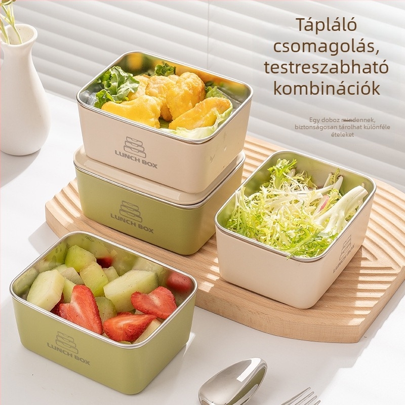 Japán-stílusú rozsdamentes acél ebédbox fedővel, négyzet alakú, mikrohullámú sütőben használható, irodába és otthonra