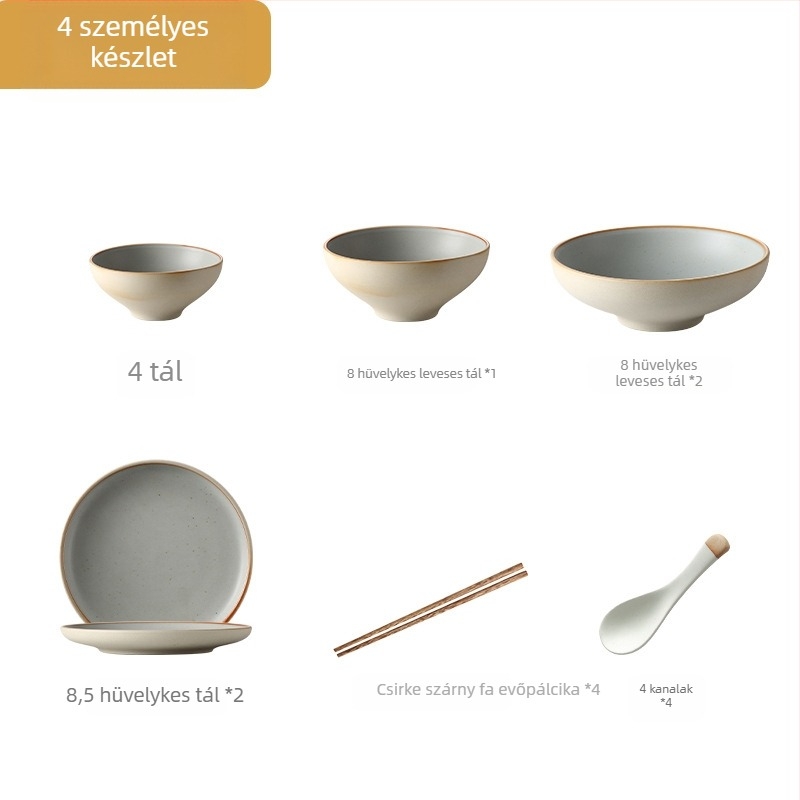 Japán porcelán étkészlet egy vagy több személy részére (lapos tányér, leveses tányér, rizstál, levesestál)