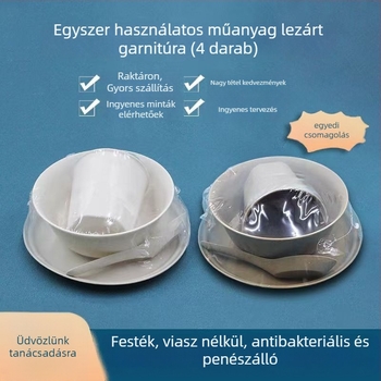 Rizshéjból készült egyszer használatos étkezőkészlet, négy részes, biológiailag lebomló, élelmiszer-minőségű, kerek edények és pálcikák, 300 ml kapacitás, 100 készlet a csomagban