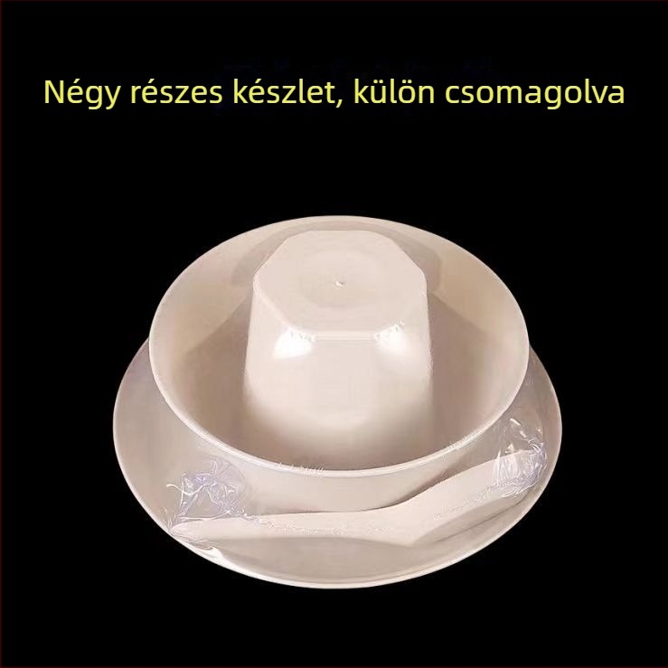 Rizshéjból készült egyszer használatos étkezőkészlet, négy részes, biológiailag lebomló, élelmiszer-minőségű, kerek edények és pálcikák, 300 ml kapacitás, 100 készlet a csomagban