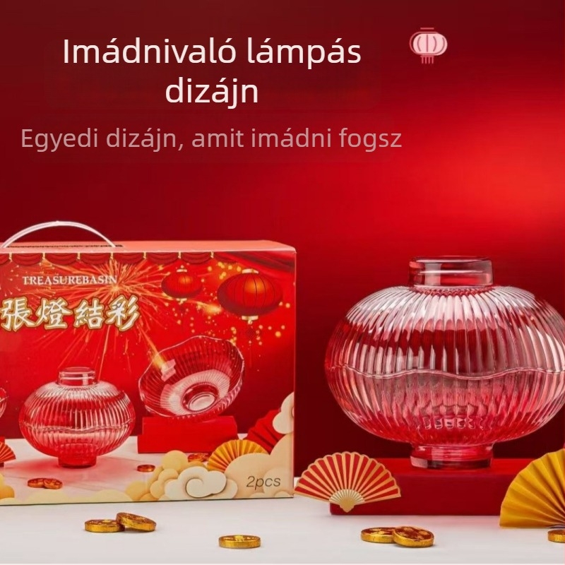 Üvegből készült piros lámpás gyümölcstál, elegáns desszert-díszlet a nappaliba, ideális esküvőkre és üzleti ajándékként.