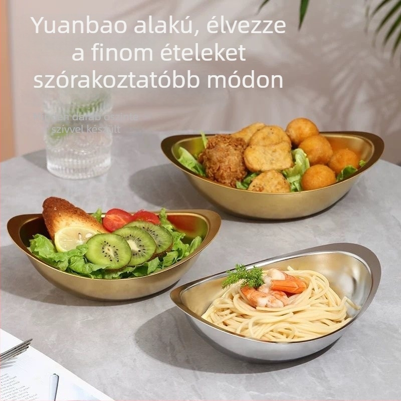 Skandináv stílusú snack tál, koreai saláta és desszert tál, 304 rozsdamentes acélból, arany lingó formájú
