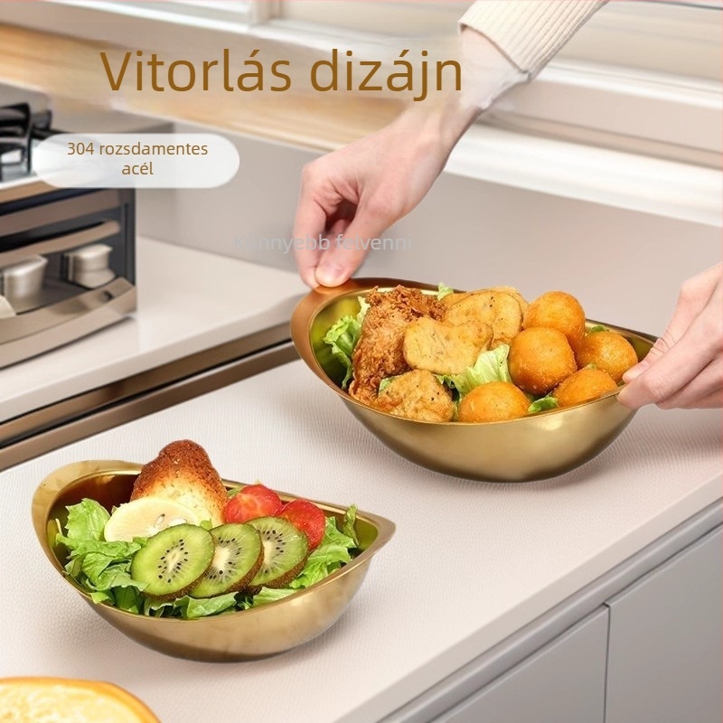 Skandináv stílusú snack tál, koreai saláta és desszert tál, 304 rozsdamentes acélból, arany lingó formájú