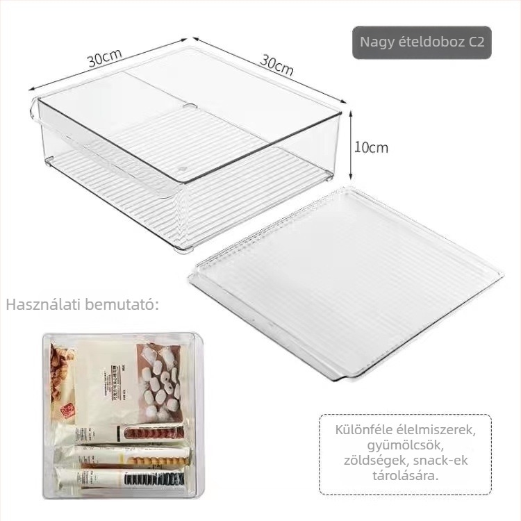 Hűtőszekrény tároló doboz, átlátszó, többször egymásra rakható, téglalap alakú, műanyag, frissesség megőrzése