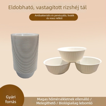 Egyszer használatos rizshéjból készült tál, 360 ml, fehér, környezetbarát és biológiailag lebomló.