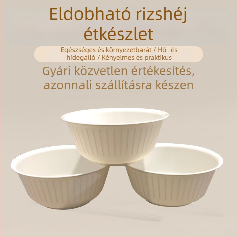 Egyszer használatos rizshéjból készült tál, 360 ml, fehér, környezetbarát és biológiailag lebomló.