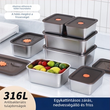 Rozsdamentes acélból készült frissesség-doboz fedővel, négyzet alakú ebédes doboz a hűtőbe, légmentesen záródó tároló, 2.1–3 L