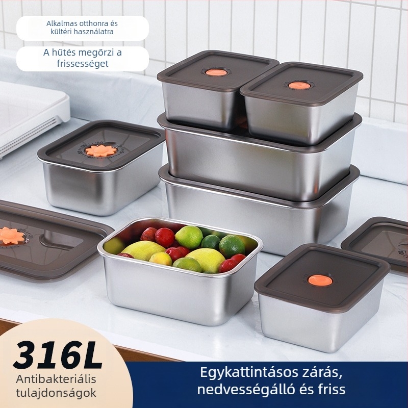 Rozsdamentes acélból készült frissesség-doboz fedővel, négyzet alakú ebédes doboz a hűtőbe, légmentesen záródó tároló, 2.1–3 L