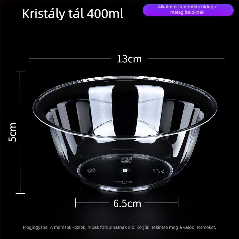Egyszer használatos kör alakú műanyag tál, 300–400 ml űrtartalom, 50 darabos csomag, belföldi eredetű