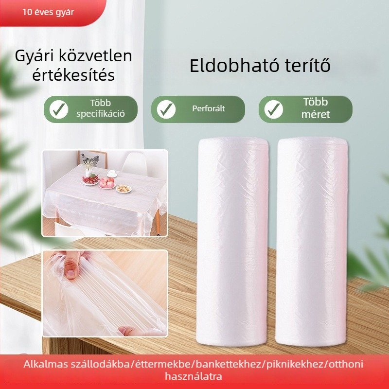 Egyszer használatos, megnövelt vastagságú asztalterítő, vízálló és foltálló, téglalap vagy kör asztalokhoz, műanyag, otthon, hotel és étterem használatra.