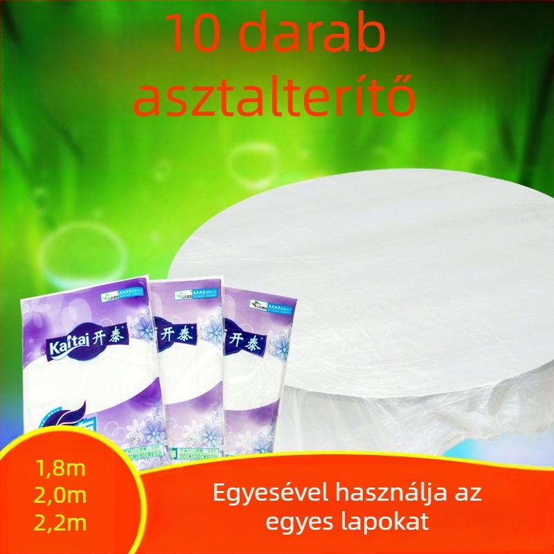 Tíz darabos egyszer használatos kerek asztalterítő, vastagított műanyagfilmből, piros átlátszó
