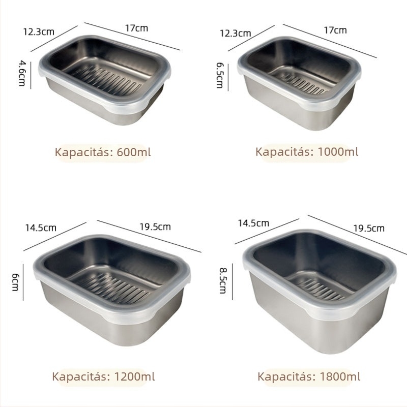 316L rozsdamentes acél frissesség megőrző doboz, téglalap alakú, mikrózható, kapacitás 1–2 L, egyetlen réteg, nem elektromos