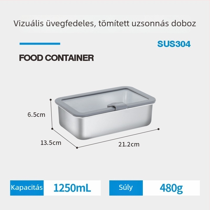 304 rozsdamentes acél ebédes doboz mikrózható üvegfedővel, téglalap alakú, zárható