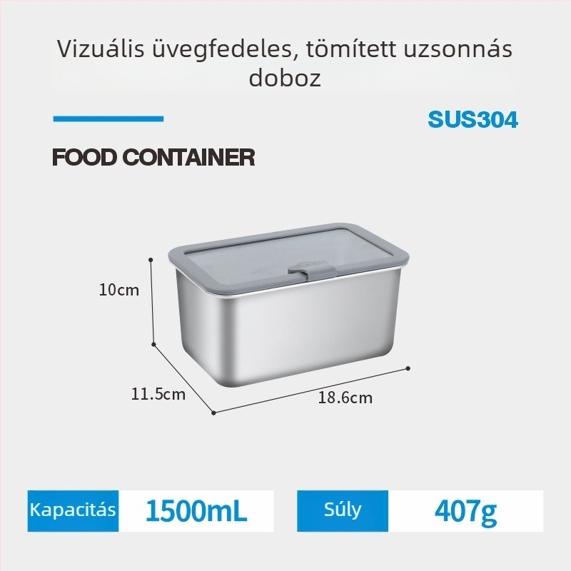 304 rozsdamentes acél ebédes doboz mikrózható üvegfedővel, téglalap alakú, zárható