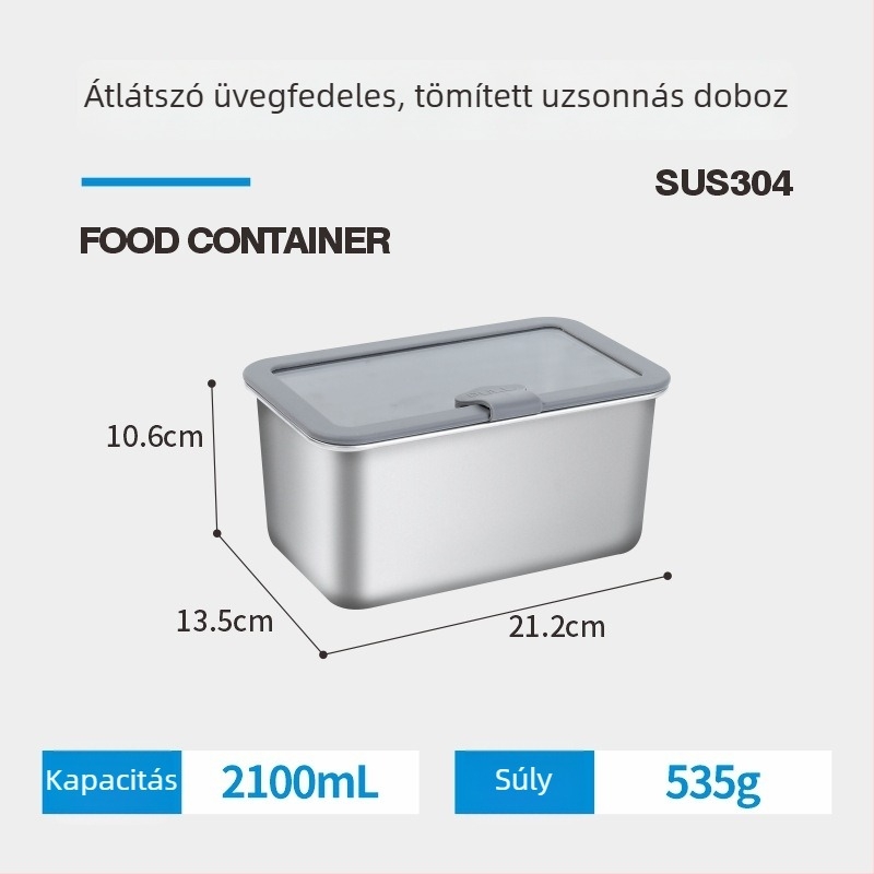304 rozsdamentes acél ebédes doboz mikrózható üvegfedővel, téglalap alakú, zárható