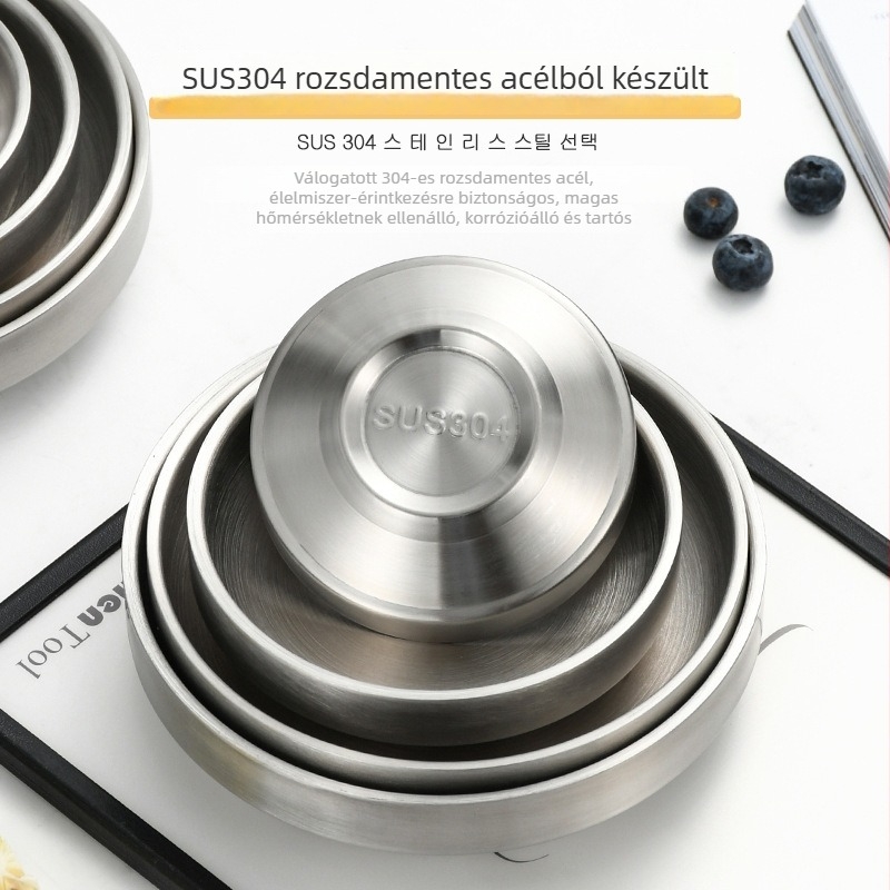 304 rozsdamentes acélból készült duplarétegű szósztál éttermek számára, mártástálkák, koreai kimchi tál, kerek köret-tál